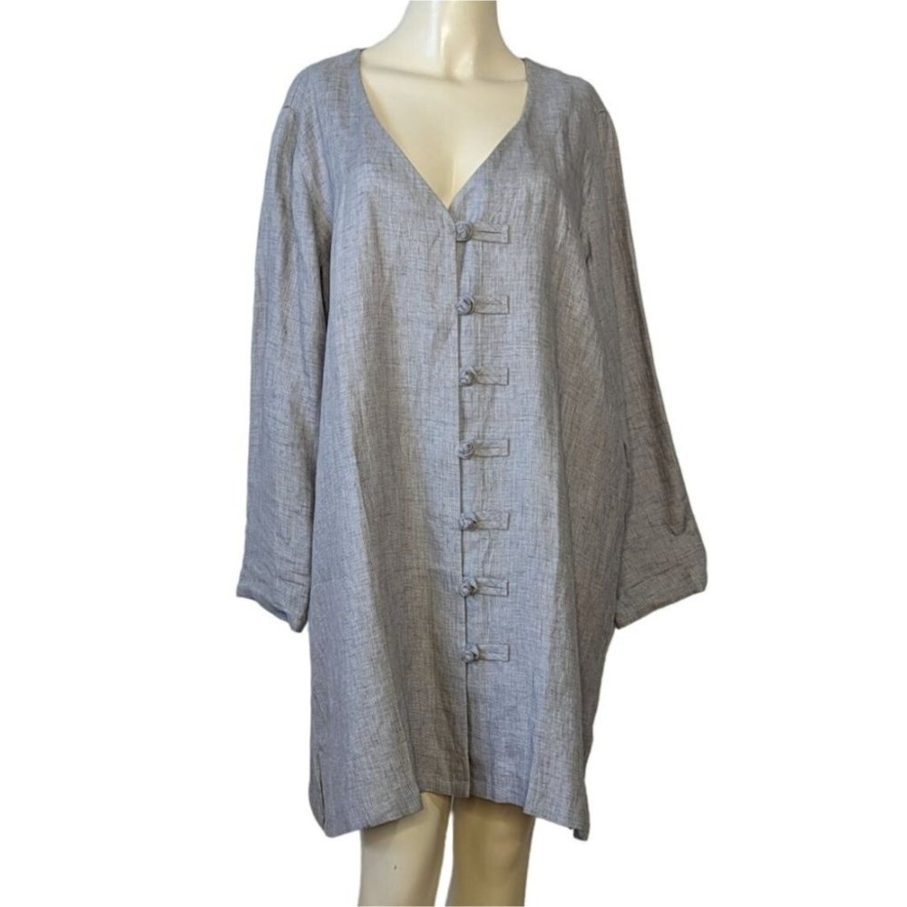 VIVID Natural long sleeve minimalist design button front gray Linen mini dress L